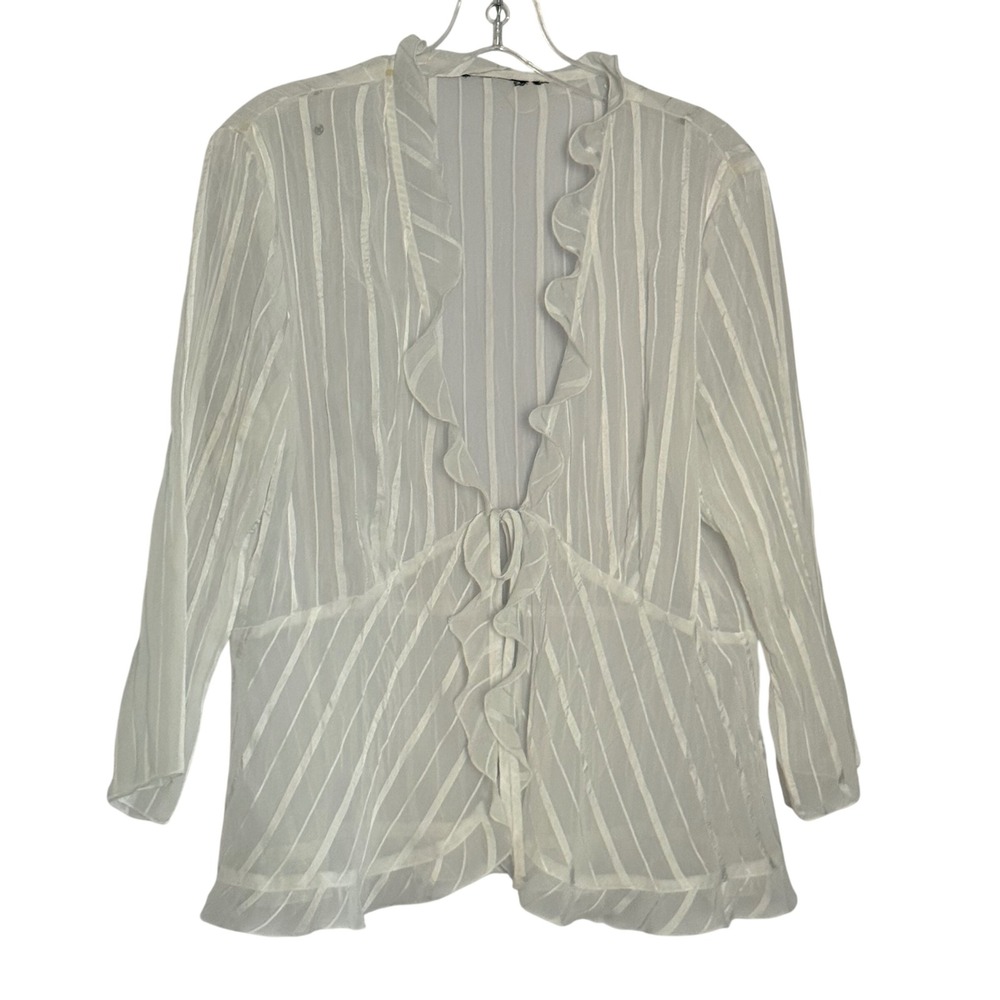 Vintage Ruffle Tie Front Sheer Top White Striped Cardigan Y2k 90s Whimsy - Large